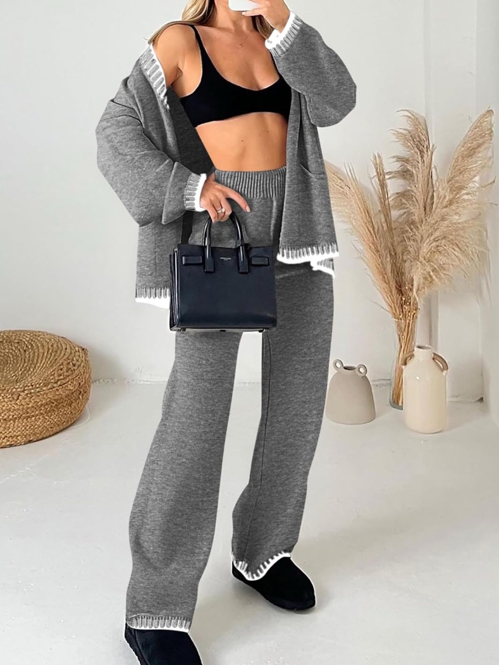 NWT PrettyGarden Women's Gray Striped-Trim V-Neck Button Cardigan and Pants SET